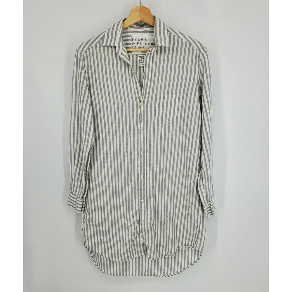 Frank & Eileen Womens Button Shirt Dress Linen Blend Gray White Stripes Small